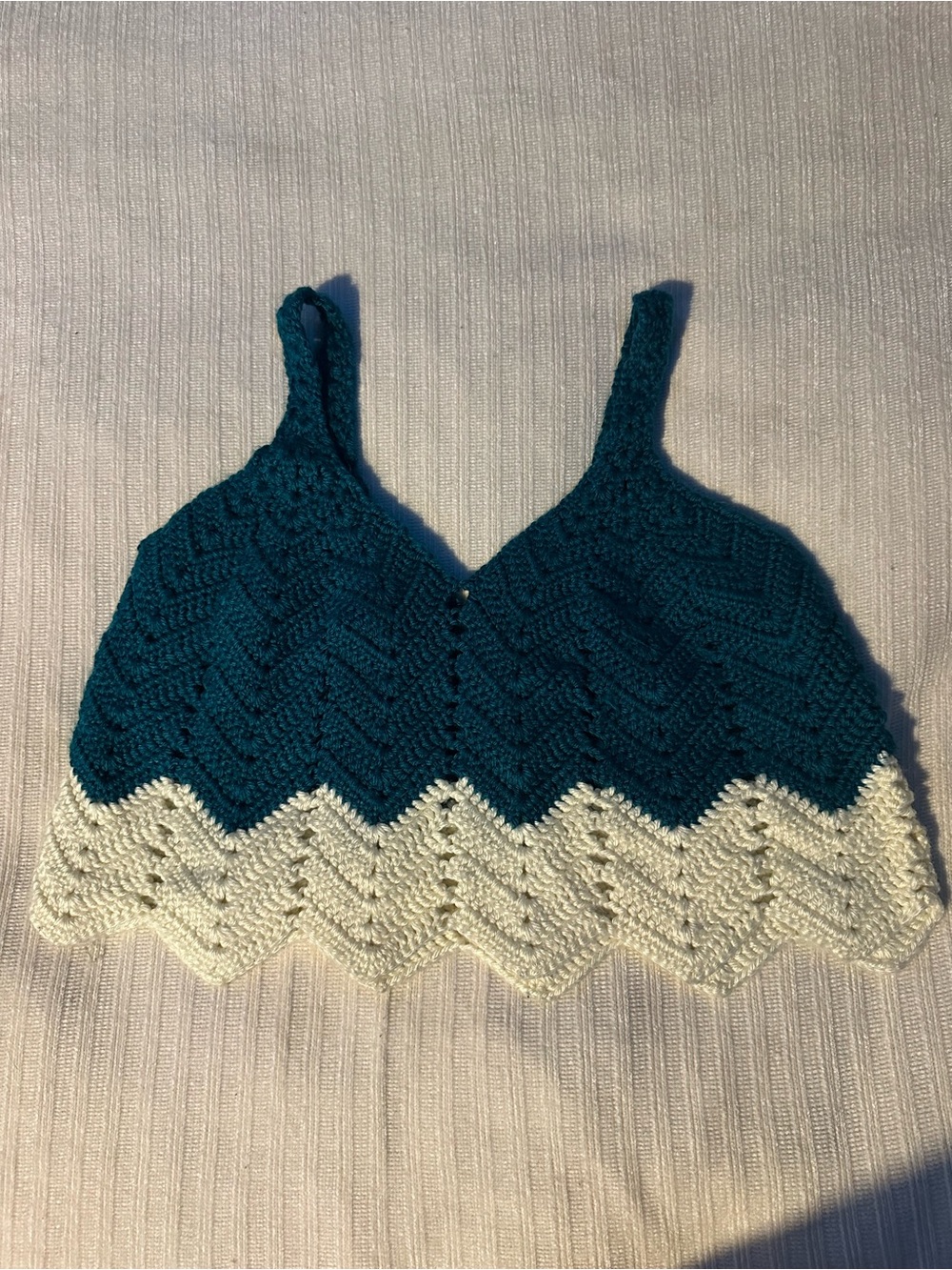 Handmade Teal and Cream Crochet Crop Tank